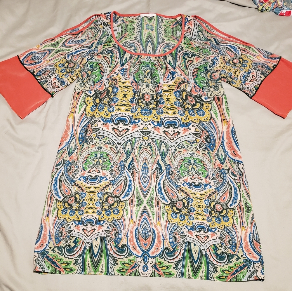 GLAM Coral Boho Print Tunic Dress Women's Size Small